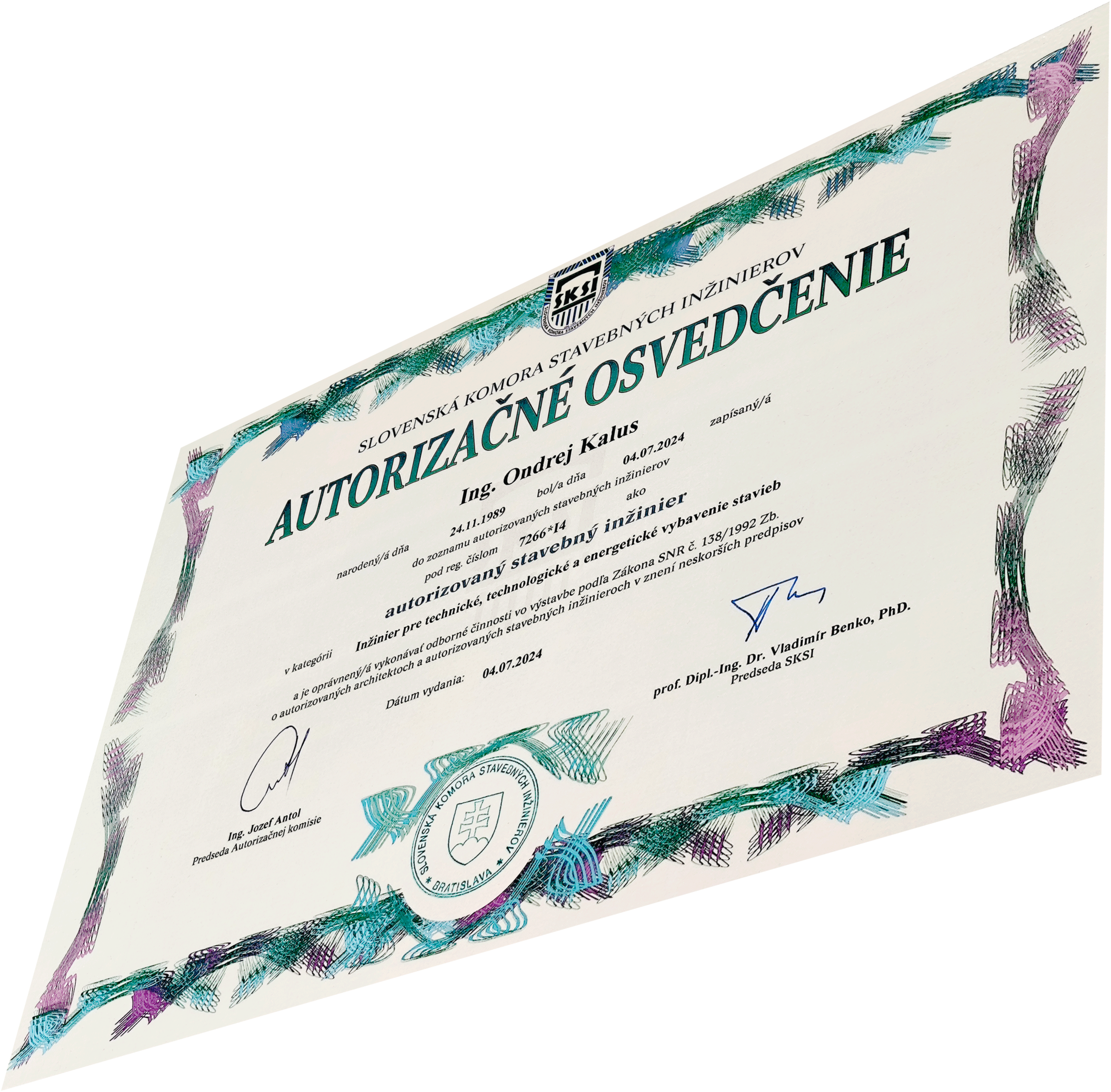 Autorizačné osvedčenie Ing. Ondrej Kalus